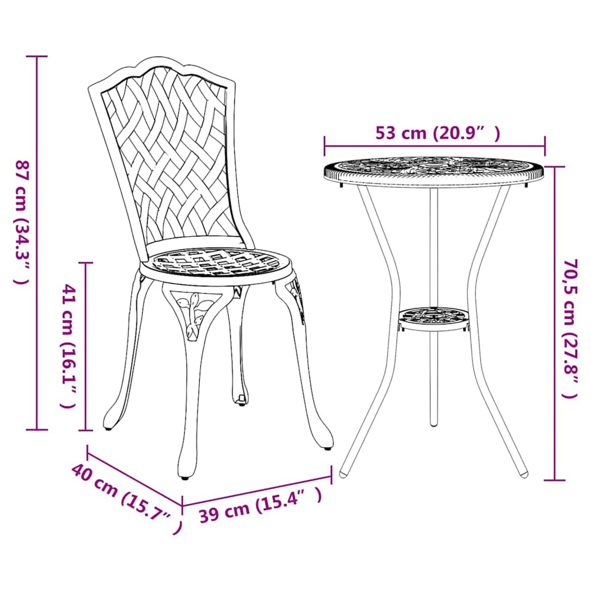 Ein metallenes Bistro-Set mit einem Stuhl und einem Tisch, das Abmessungen und Details zeigt.