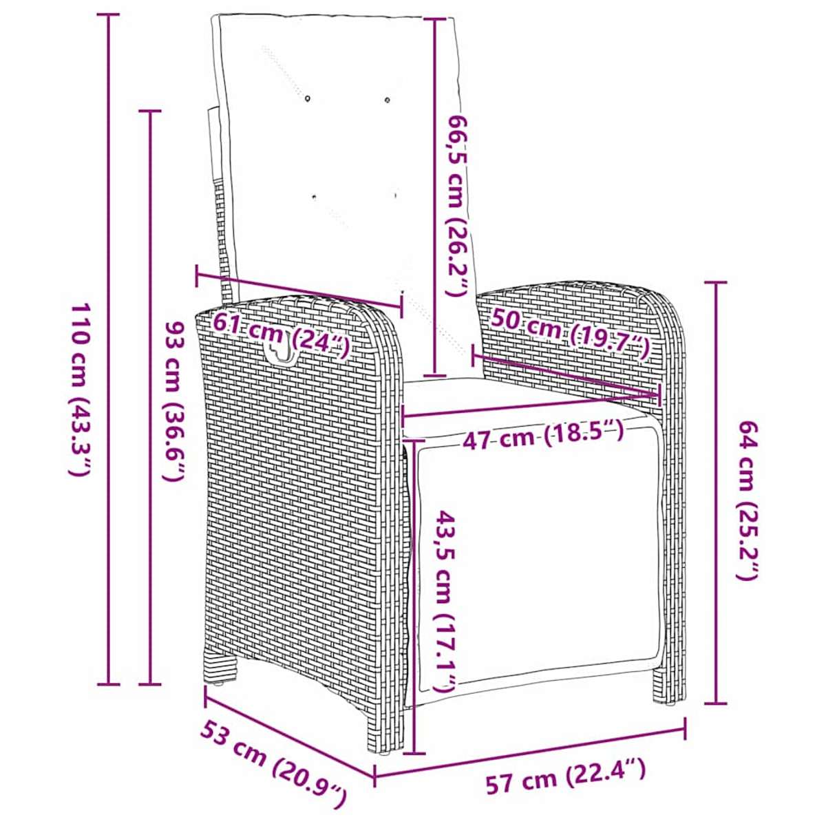 Rattan-Stuhl mit Armlehnen. Maße in cm und Zoll angegeben.