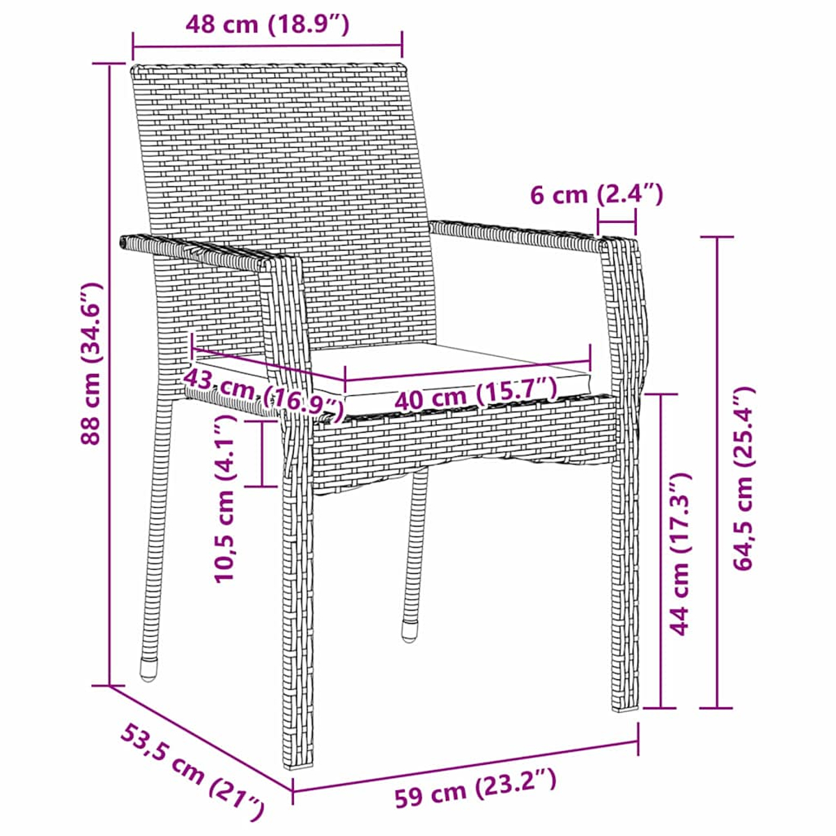 Ein Stuhl im Rattan-Stil mit Maßen. Mit Kissen und Armlehnen.