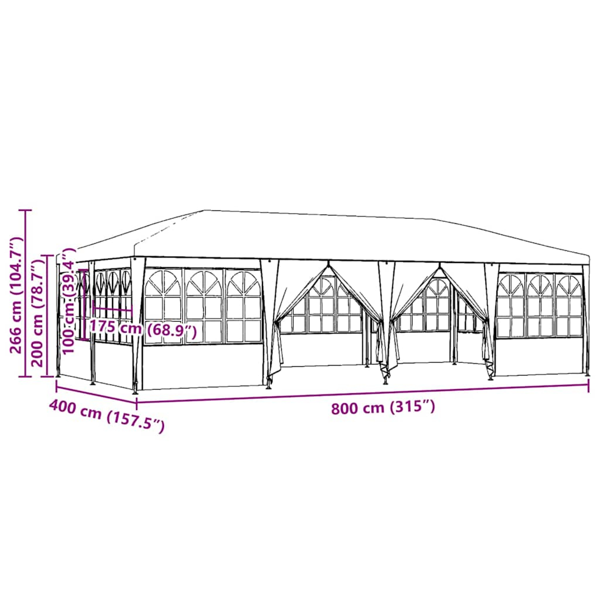 Ein großer weißer rechteckiger Pavillon wird mit angegebenen Abmessungen angezeigt. Der Pavillon hat gewölbte Fenster.