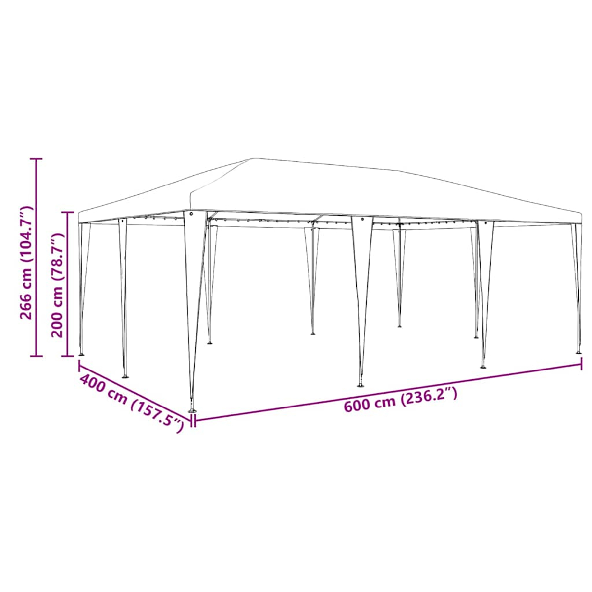Ein großer weißer rechteckiger Pavillon mit angegebenen Abmessungen. Der Pavillon hat ein einfaches Design.