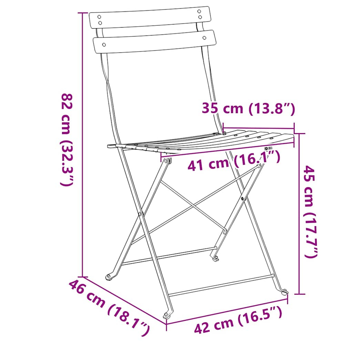 Ein Metall-Klappstuhl. Es ist ein einfaches Design mit Sitz und Rückenlehne. Abmessungen sind beschriftet.