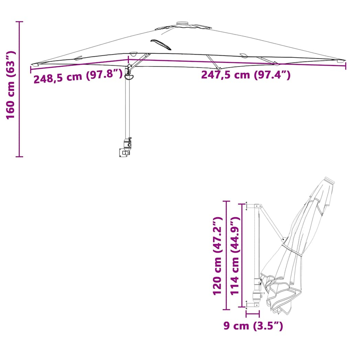 Un ombrellone offset con dimensioni. L'ombrellone è bianco con base di supporto.