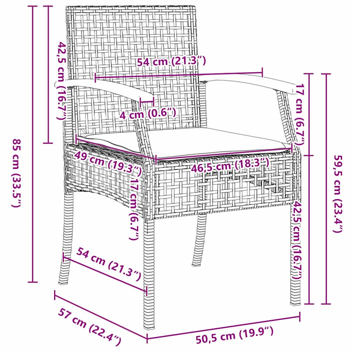 Sedia in rattan con braccioli e seduta imbottita, dimensioni etichettate sull'immagine.