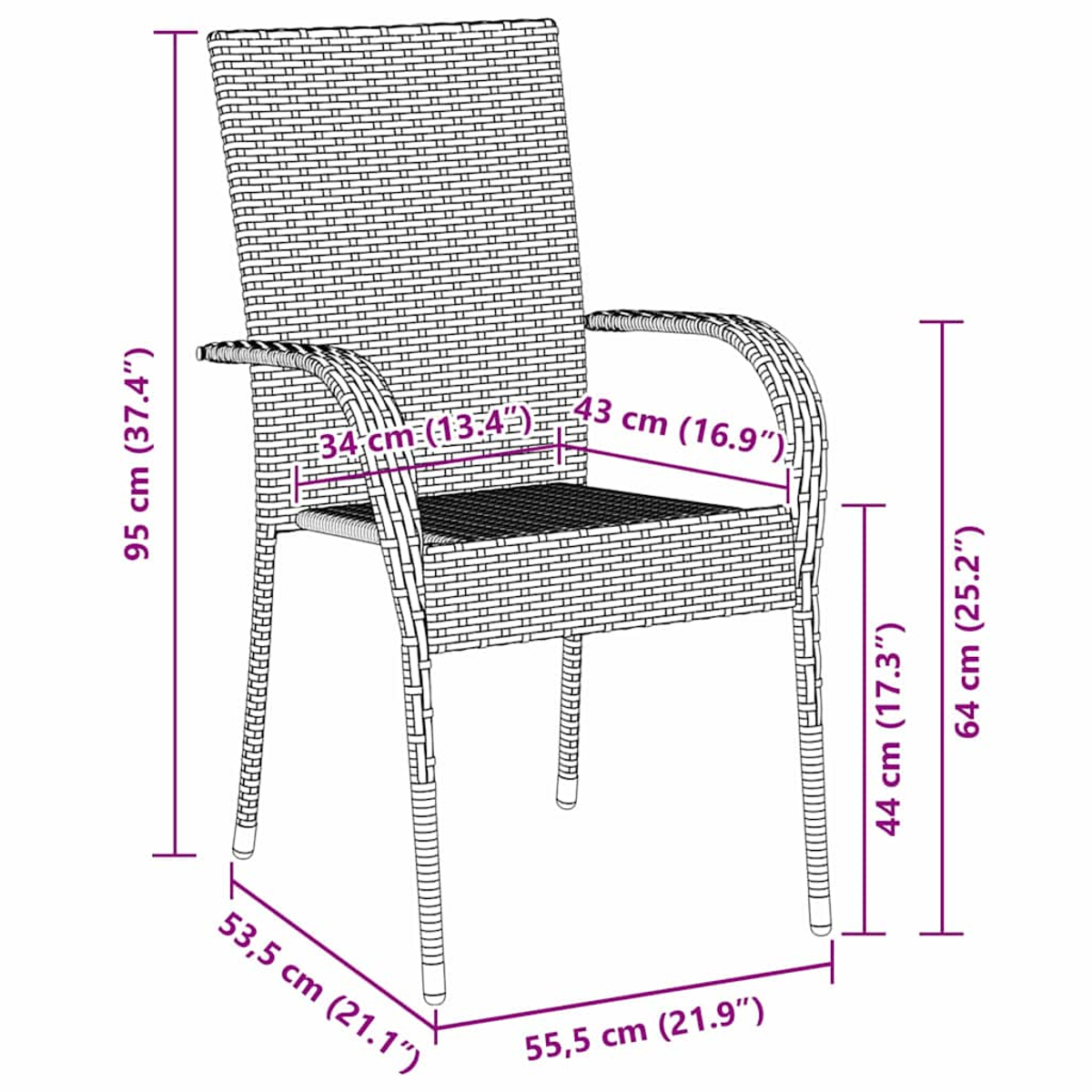 Ein Rattan-Stuhl mit Armlehnen und Maßen. Er hat einen gewebten Sitz und Rücken.