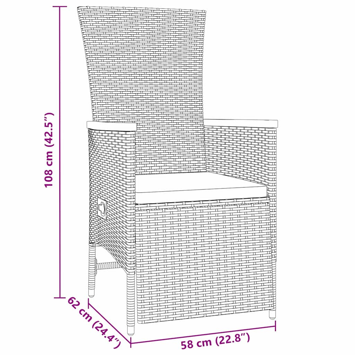 Una sedia in rattan con schienale alto e dimensioni etichettate. Con cuscino bianco.