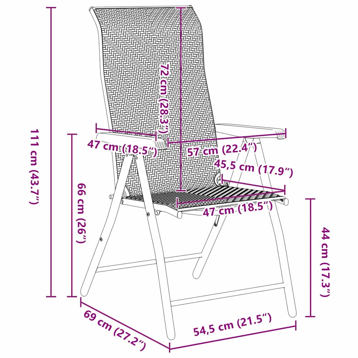 Ein zusammenklappbarer Stuhl aus Rattan mit beschrifteten Maßen. Er hat einen gewebten Sitz und Rücken.