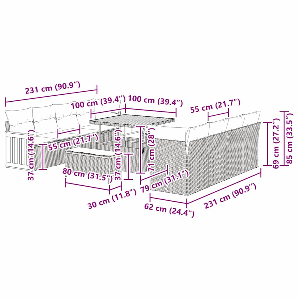 Ein modulares Gartenmöbelset mit cm-Maßen, einschließlich Tisch und Sitzgelegenheiten.
