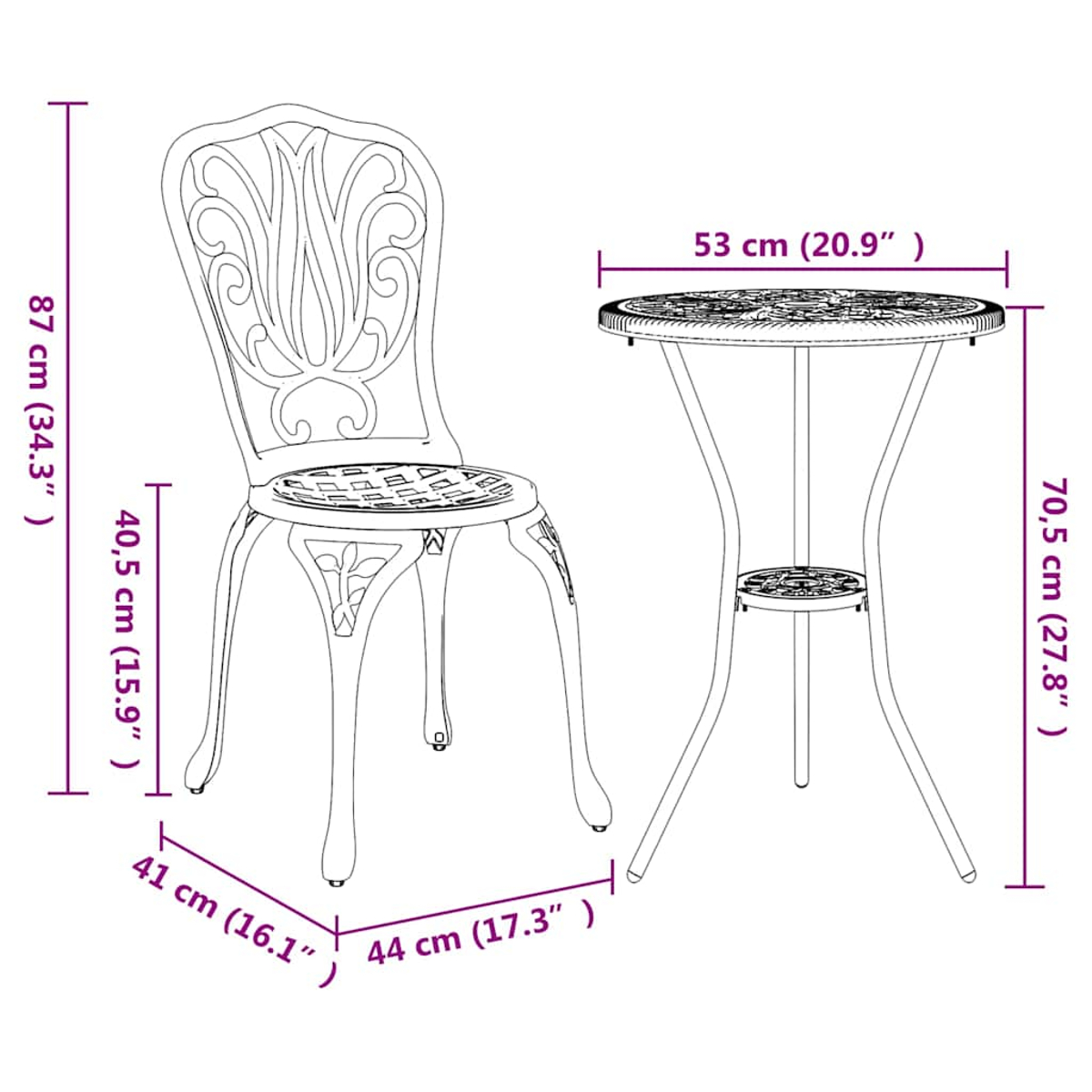 Una silla de metal y una mesa redonda con diseños ornamentados, con dimensiones en cm.