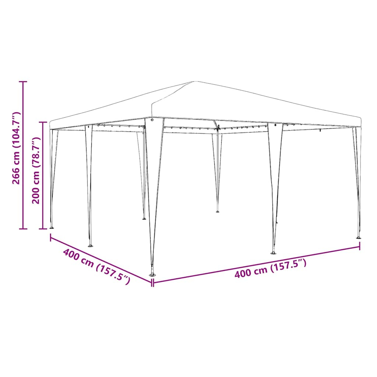 Gazebo bianco da esterno con dimensioni. Tetto a punta e molteplici pali di sostegno.