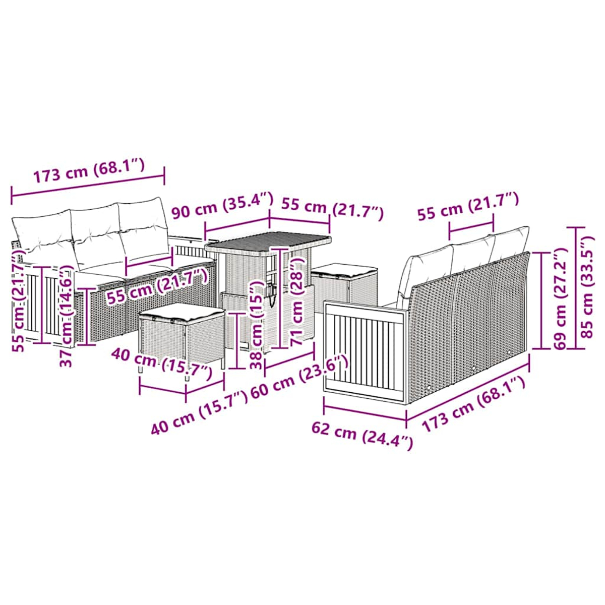 Un set di mobili da esterno, tra cui un divano, due sedie e un tavolo, con dimensioni etichettate.
