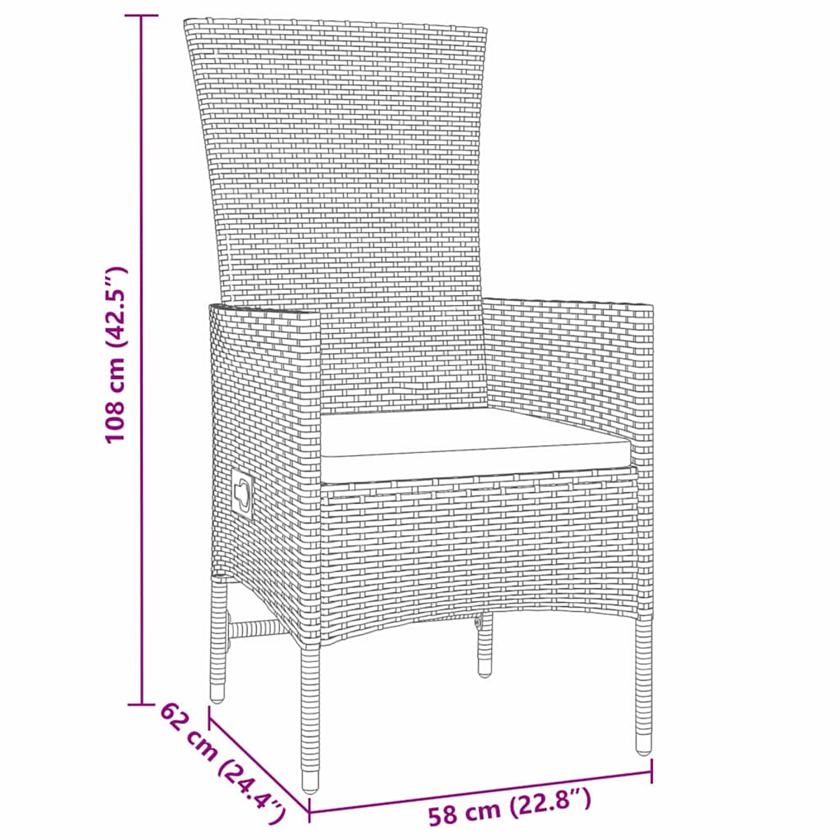 Ein Rattan-Stuhl mit Maßangaben. Der Stuhl hat eine hohe Rückenlehne und Armlehnen.