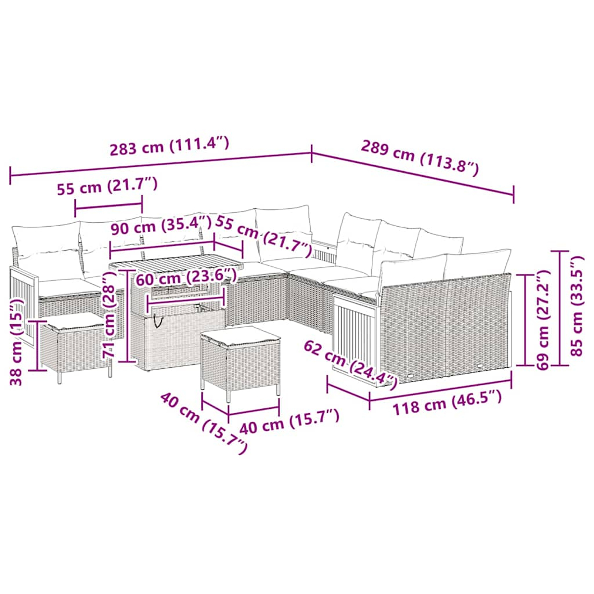 Set di mobili da esterno in vimini con dimensioni: tavolo, sgabelli e divani.