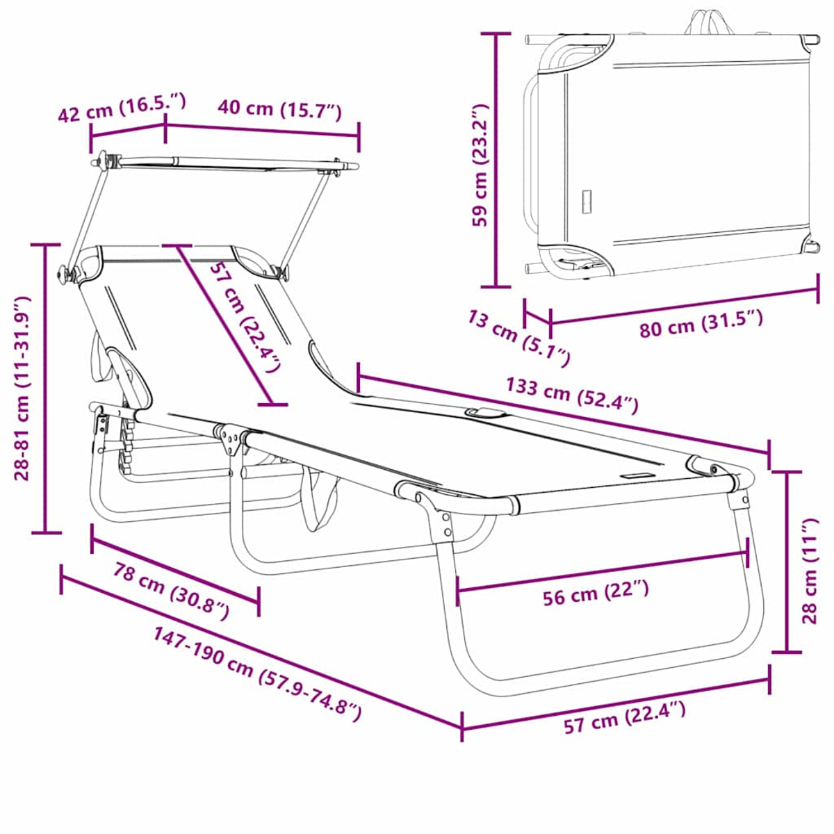 Abmessungen eines großen Outdoor-Ecksofas, mit Messungen in Zentimetern und Zoll.