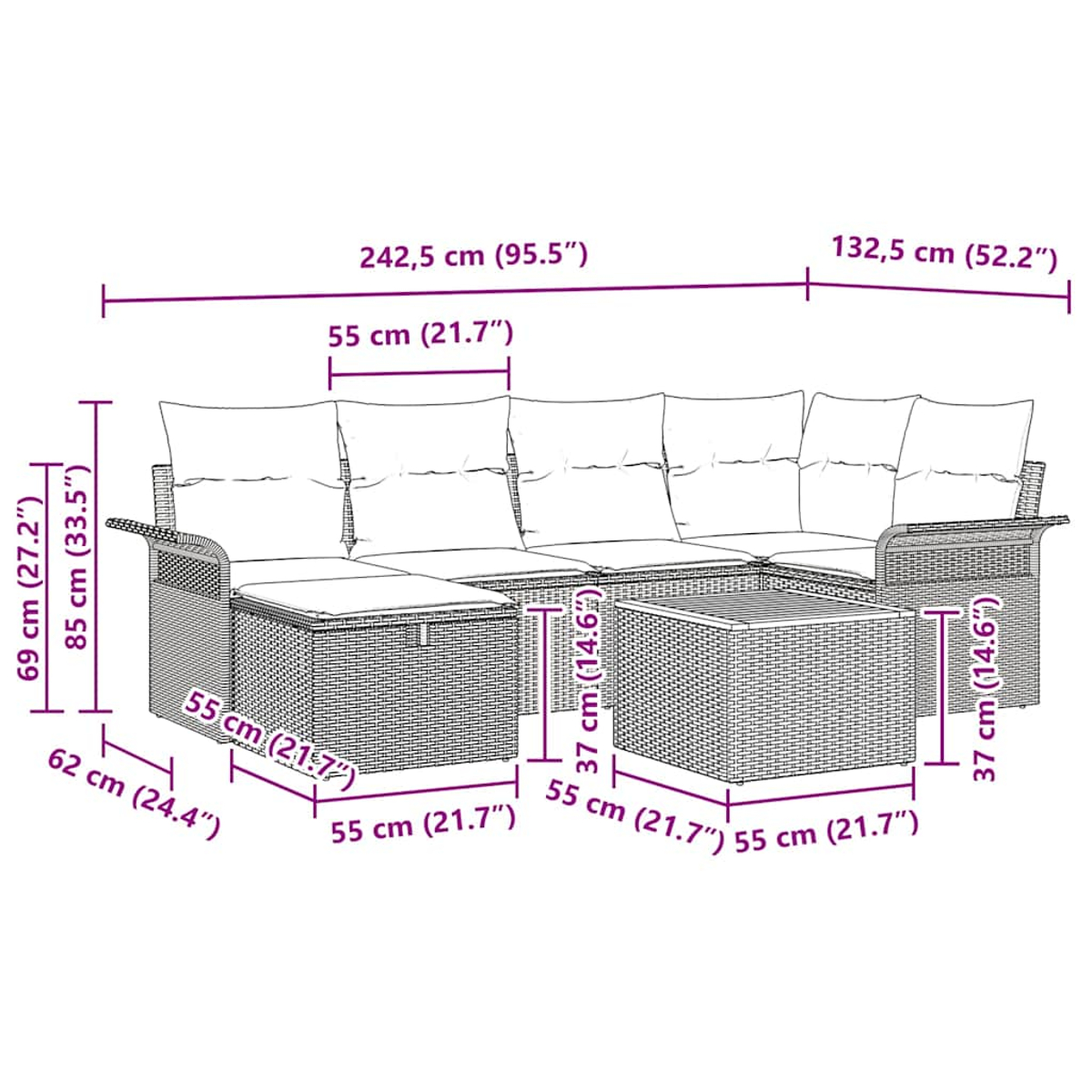 Diagramm mit den Abmessungen einer Sonnenliege, einschließlich Messungen in Zentimetern und Zoll.