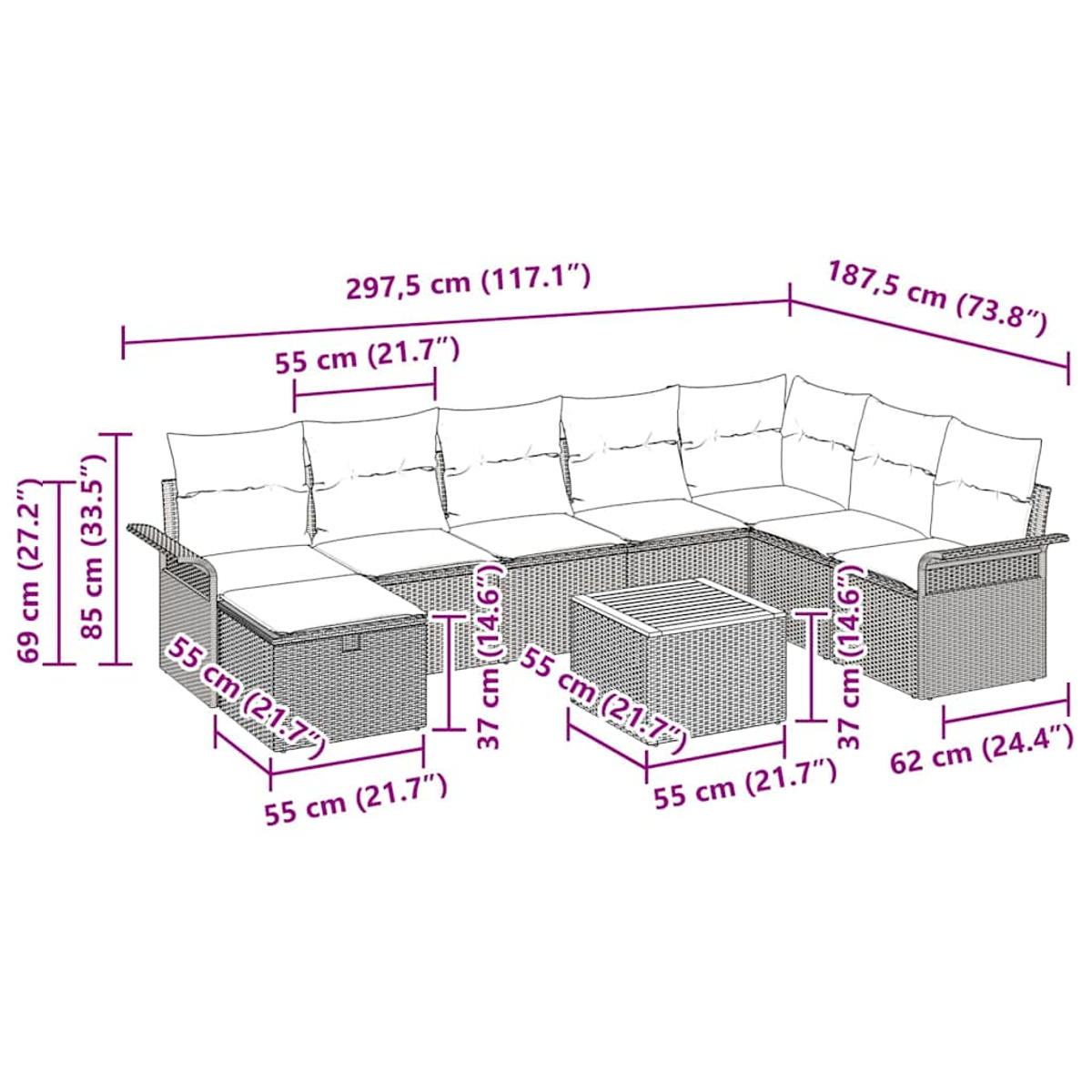 Ein Rattan-Outdoor-Set mit Abmessungen, Sofa, Couchtisch, Beistelltisch und Esstisch.