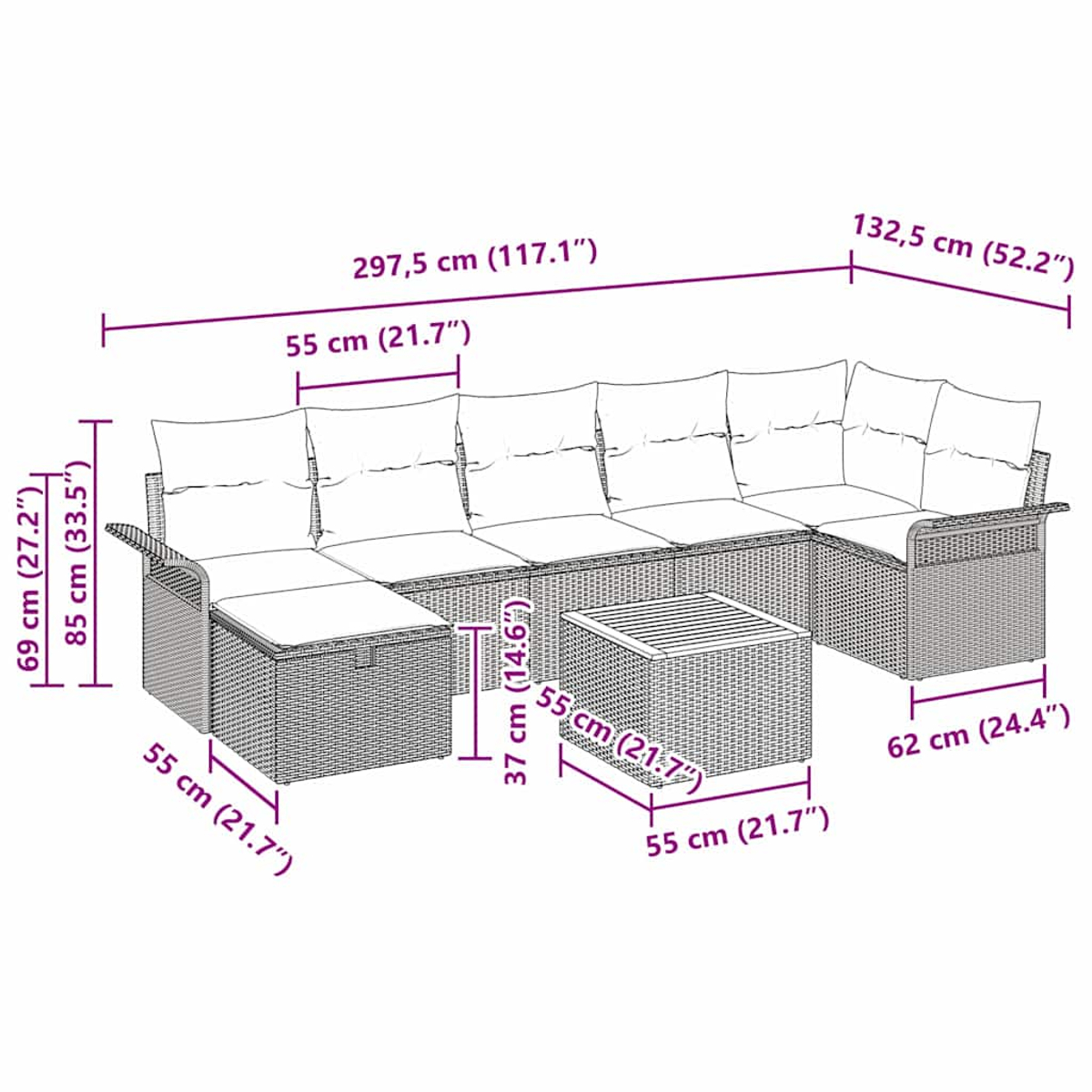 Diagramm eines Loungesofas, eines Hockers und eines Couchtisches im Rattan-Stil mit Kissen, mit Maßen in Zentimetern und Zoll.