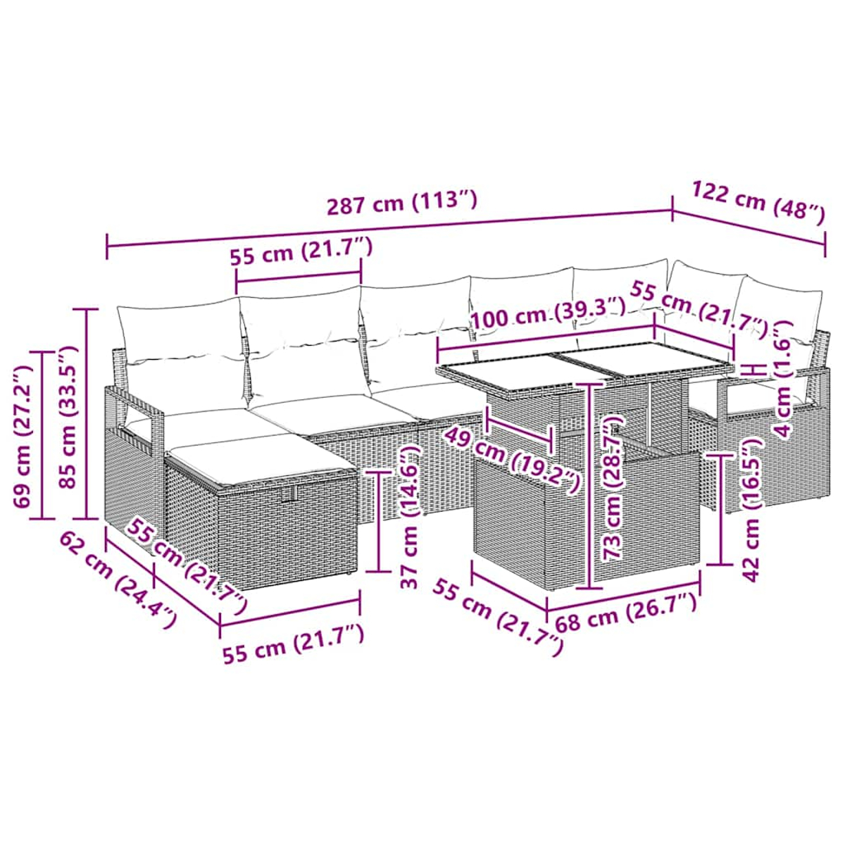 Diagramm eines Loungesofas, eines Esstisches und von Stühlen im Rattan-Stil mit Kissen, mit Maßen in Zentimetern.