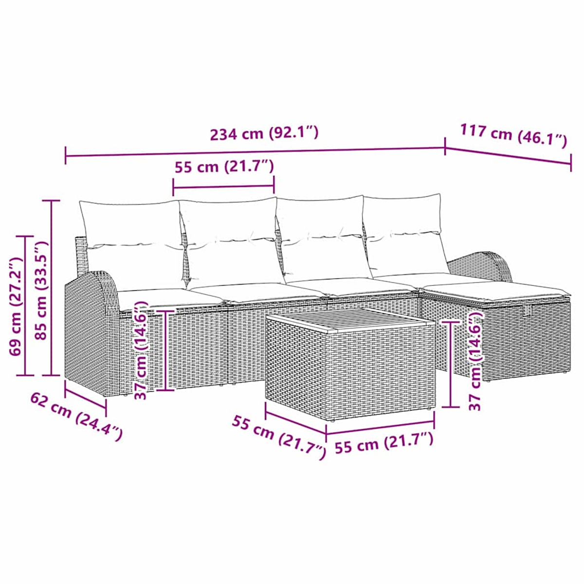 Diagramm eines Loungesofas, eines Hockers und eines Couchtisches im Rattan-Stil mit Kissen, mit Maßen in Zentimetern und Zoll.