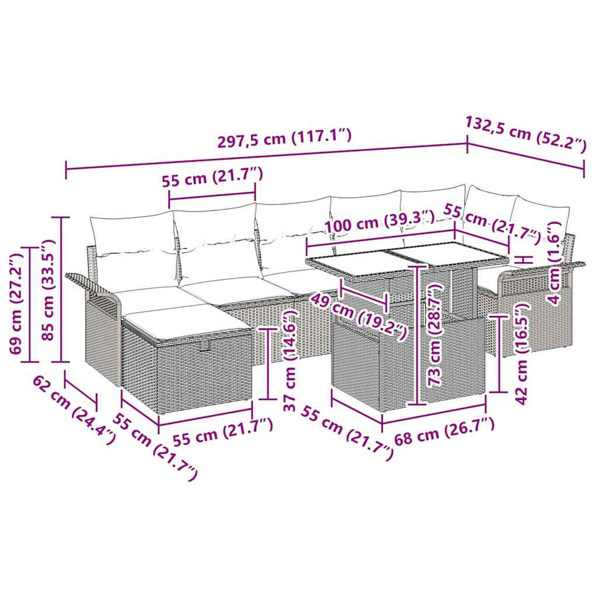 Ein Ecksofa mit Tisch, weißen Kissen und Abmessungen in cm.
