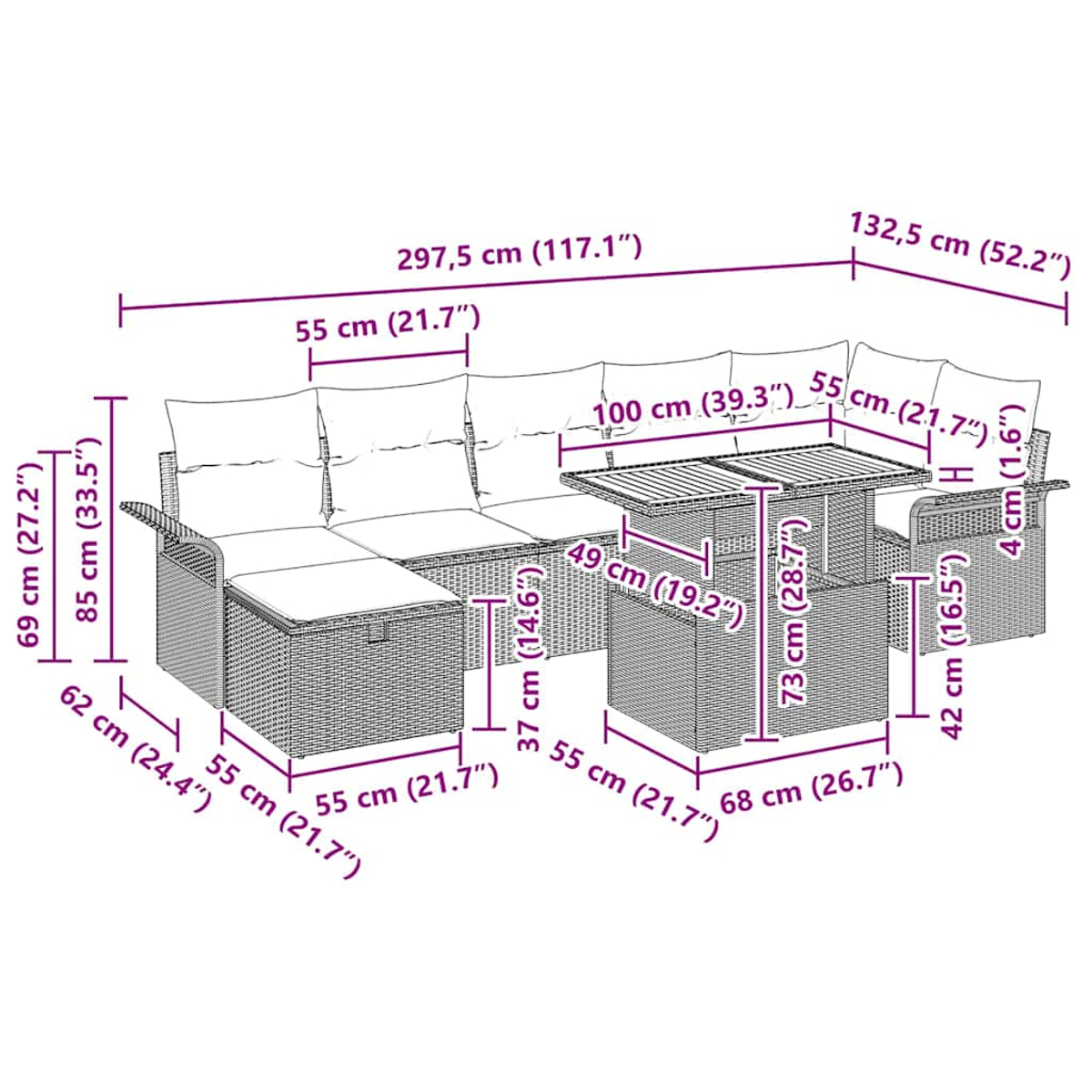 Diagramm eines Loungesofas, eines Esstisches und von Stühlen im Rattan-Stil mit Kissen, mit Maßen in Zentimetern.