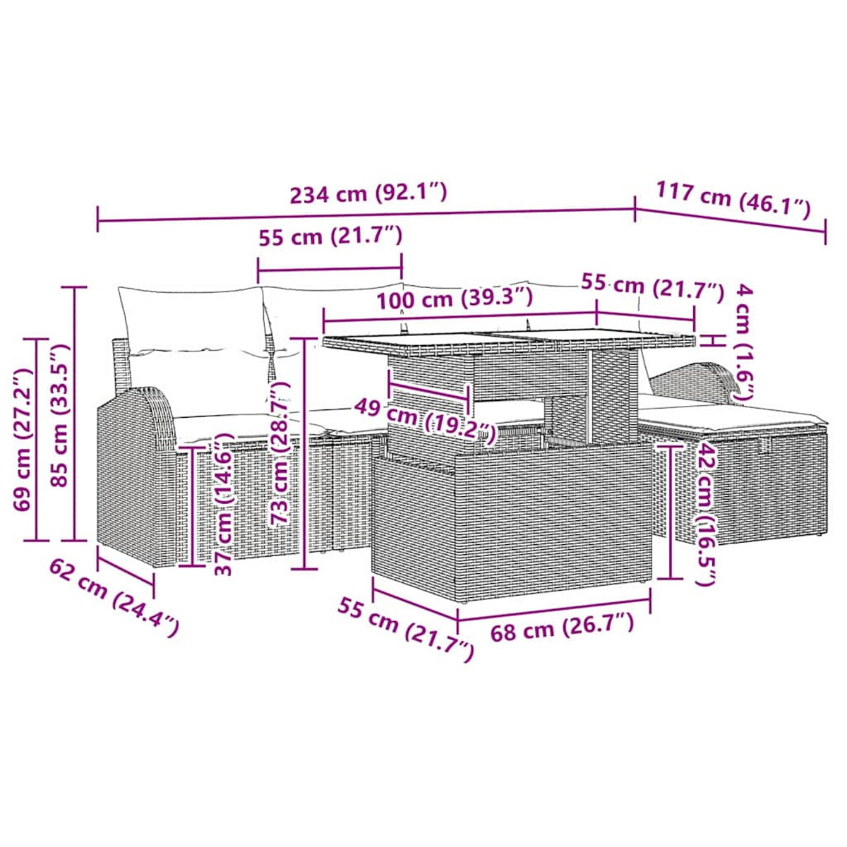Diagramm eines Loungesofas, eines Esstisches und von Stühlen im Rattan-Stil mit Kissen, mit Maßen in Zentimetern.