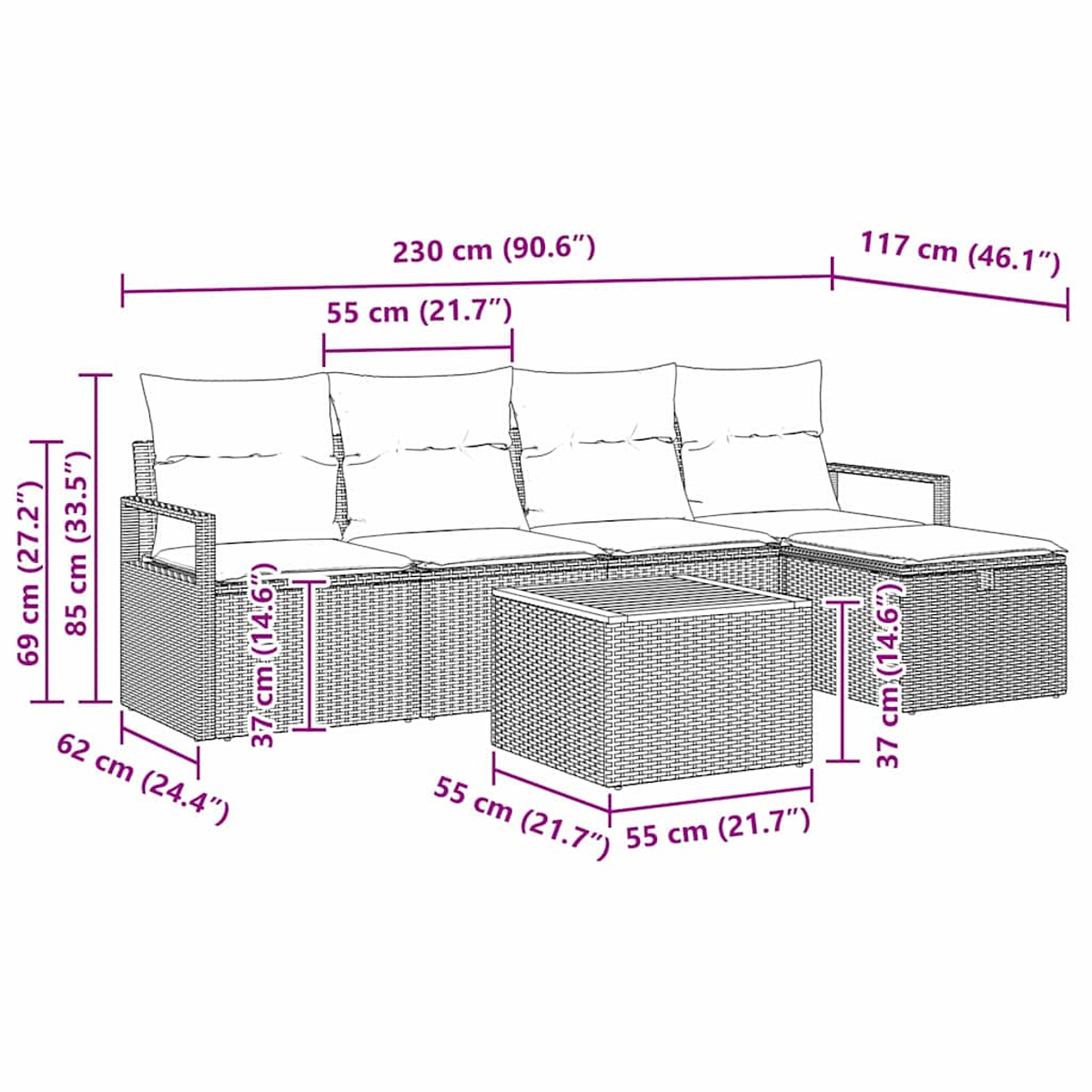 Diagramm eines Loungesofas, eines Hockers und eines Couchtisches im Rattan-Stil mit Kissen, mit Maßen in Zentimetern und Zoll.