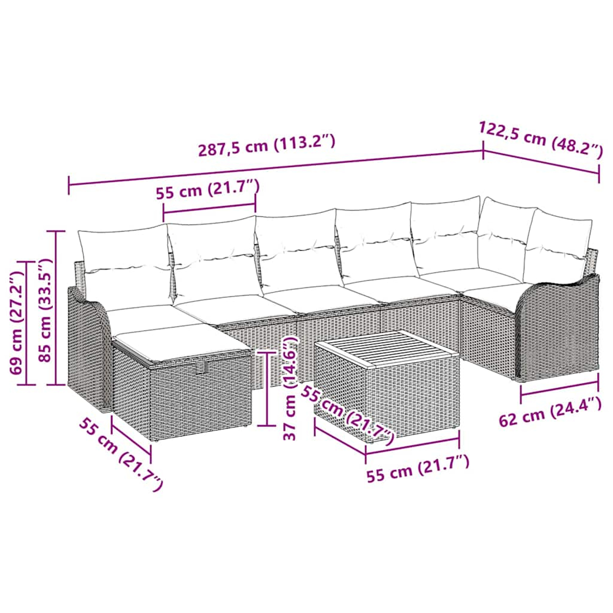 Outdoor-Ecksofa mit Maßen. Verfügt über mehrere Kissen und einen Couchtisch. Maße sind in cm angegeben.