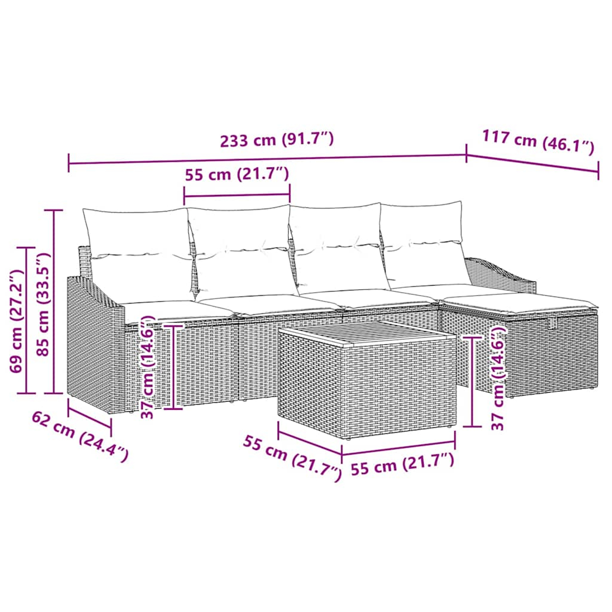 Outdoor-Ecksofa mit Maßen. Verfügt über mehrere Kissen und einen Couchtisch. Maße sind in cm angegeben.