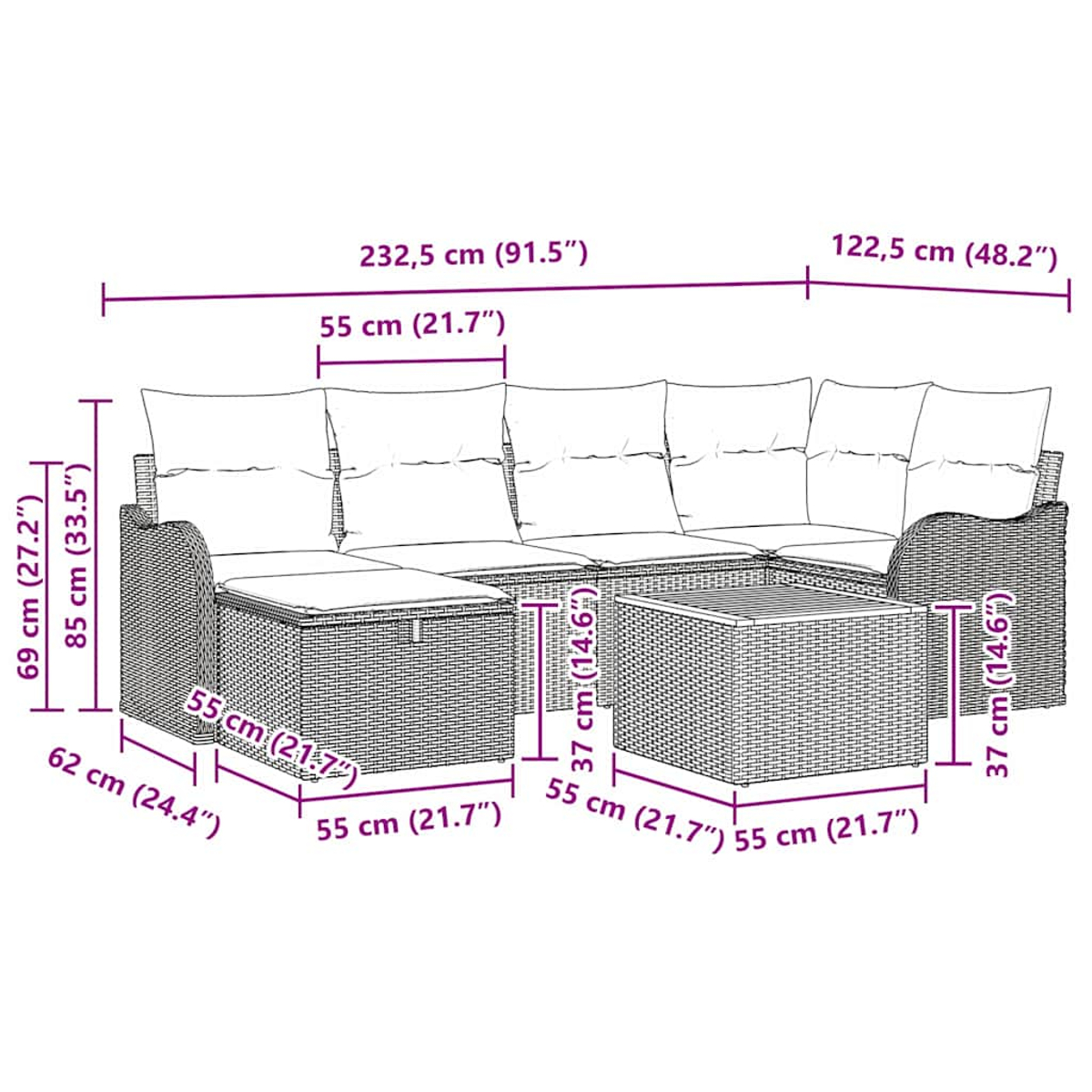 Outdoor-Ecksofa mit Maßen. Verfügt über mehrere Kissen und einen Couchtisch. Maße sind in cm angegeben.