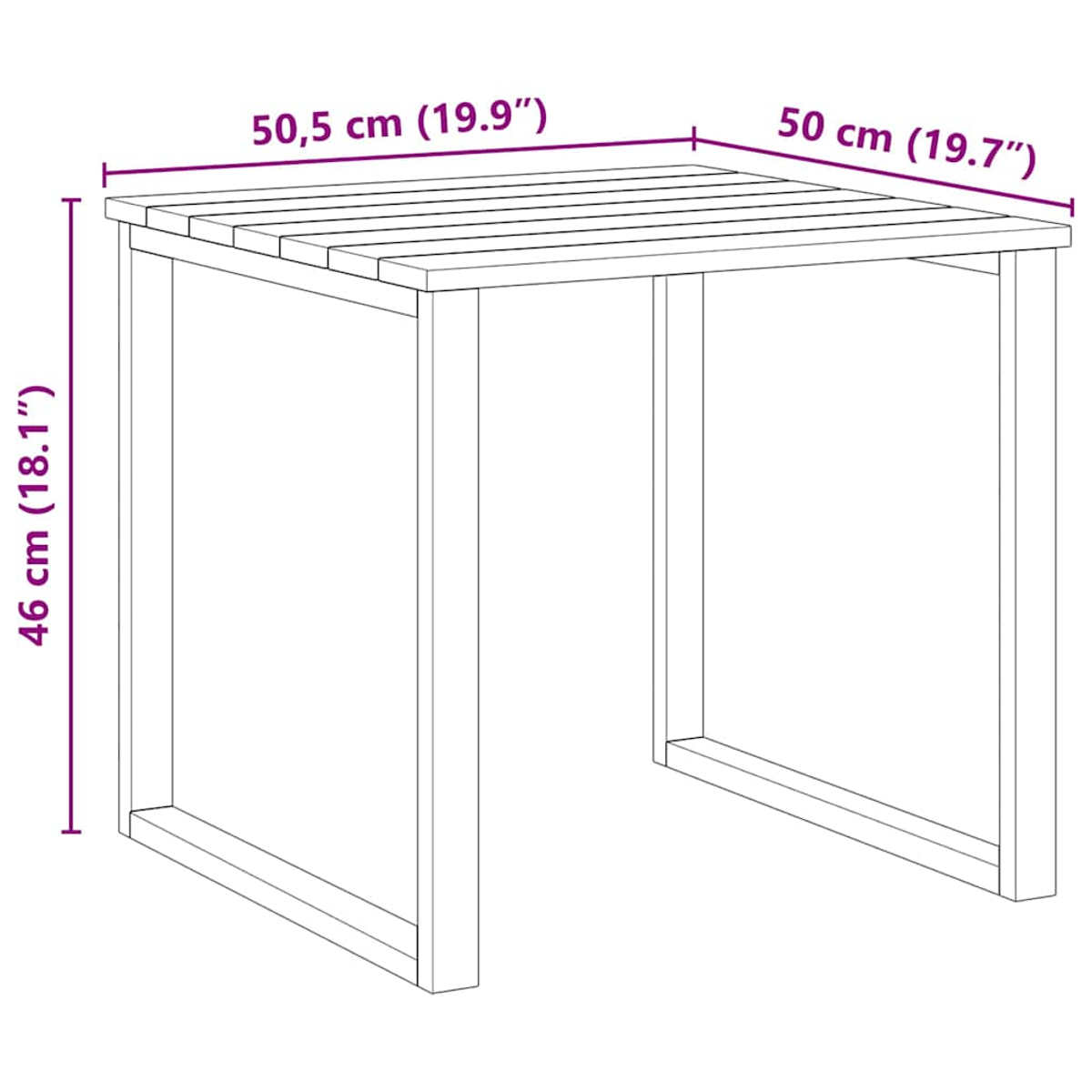 Ein weißer quadratischer Tisch mit Maßangaben. Lattenrost und offene Seiten.