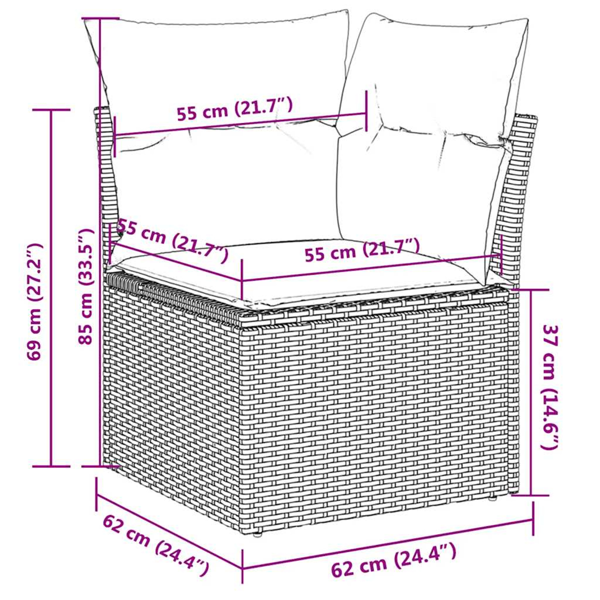 Ein Diagramm eines Korbstuhls mit Kissen, mit Abmessungen in Zentimetern und Zoll.