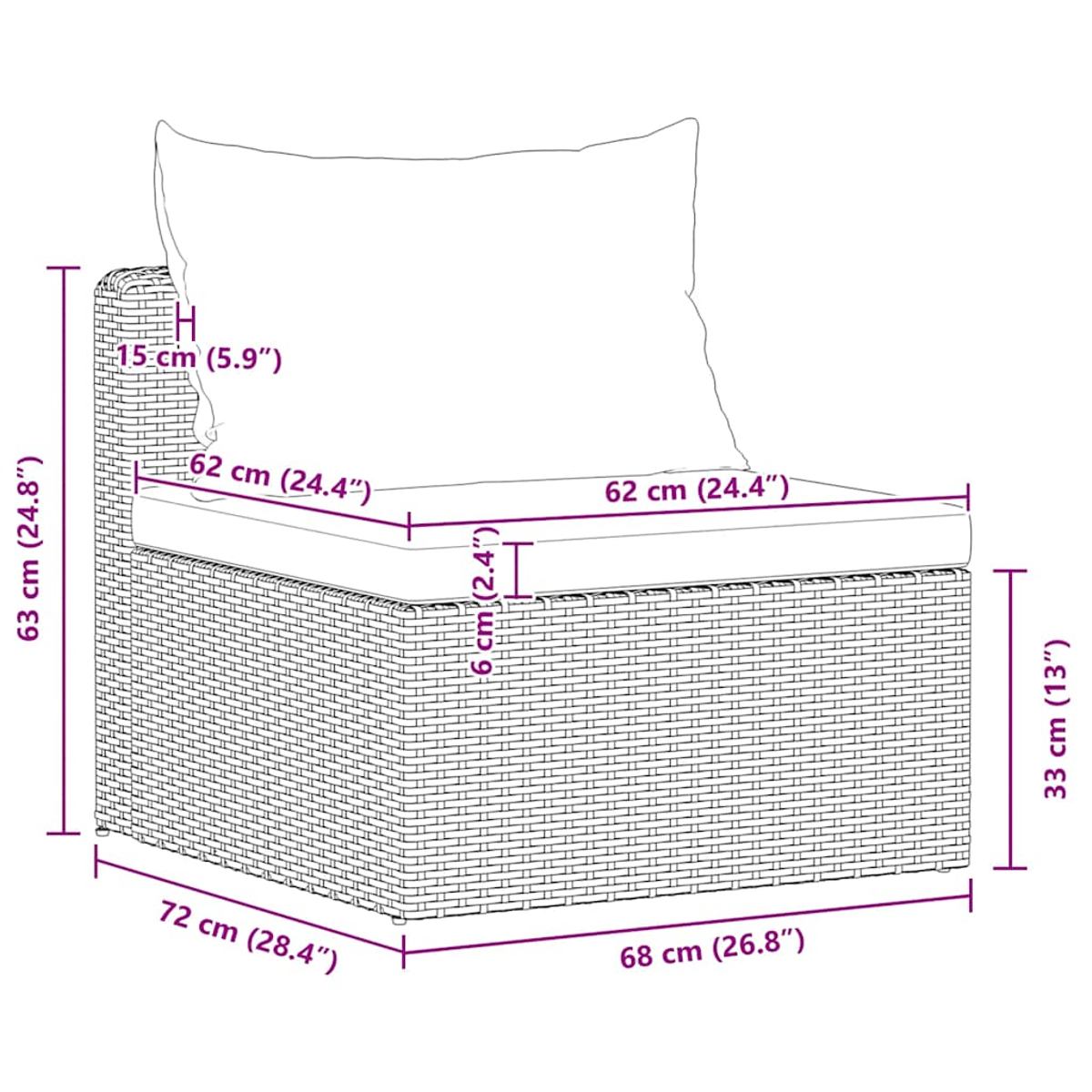 Ein Diagramm eines Korbstuhls mit einem Kissen, mit Abmessungen in Zentimetern und Zoll.