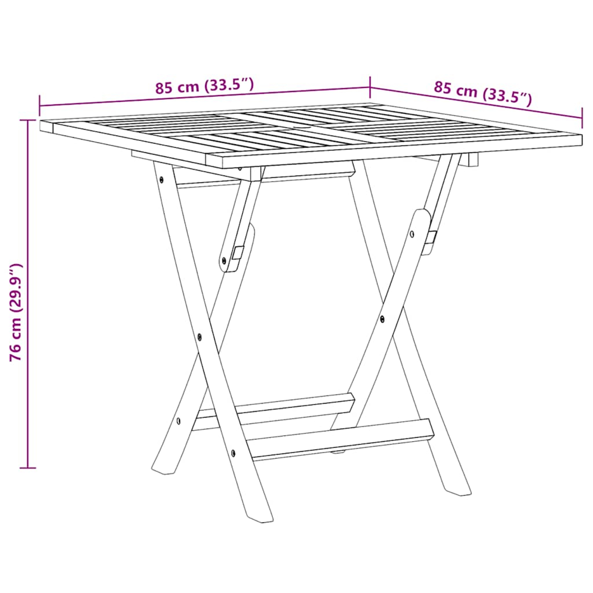 Ein Diagramm eines hölzernen Klapptisches, mit Abmessungen in Zentimetern und Zoll.