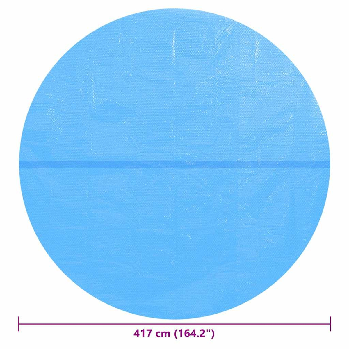 Eine große, runde, blaue Poolabdeckung. Die Abdeckung hat eine hellblaue Farbe mit einer horizontalen Linie in der Mitte.