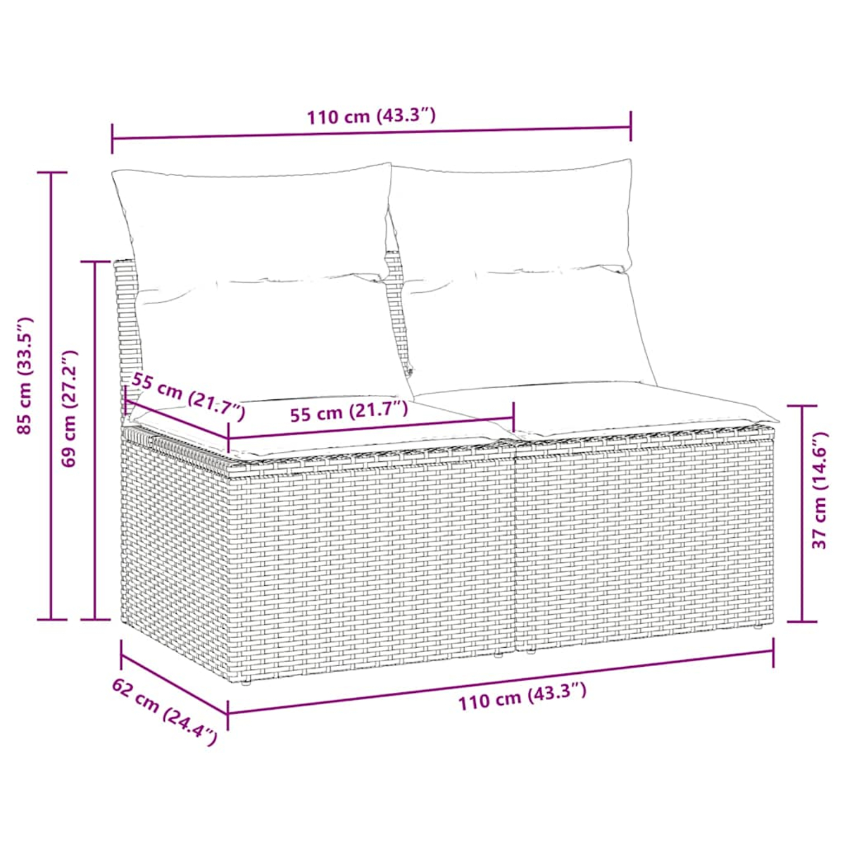 Ein Zweisitzer-Outdoor-Sofa mit grauem Webmaterial und weißen Kissen. Abmessungen sind angegeben.
