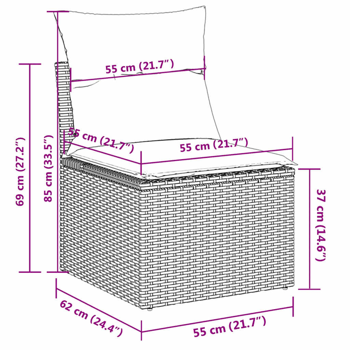 Diagramm eines grauen Rattan-Sessels mit Abmessungen. Ein weißes Kissen ist auf dem Sitz und Rücken.