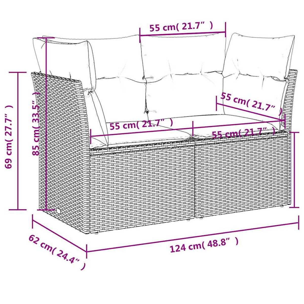 Korbmöbel-Sofa mit zwei Kissen. Maße sind angegeben. Das Sofa ist braun-weiß.