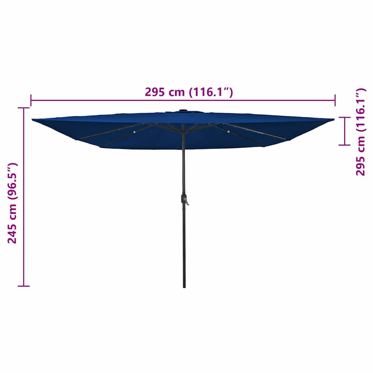 Grande ombrellone blu da patio con dimensioni in cm. È aperto, con un palo centrale.