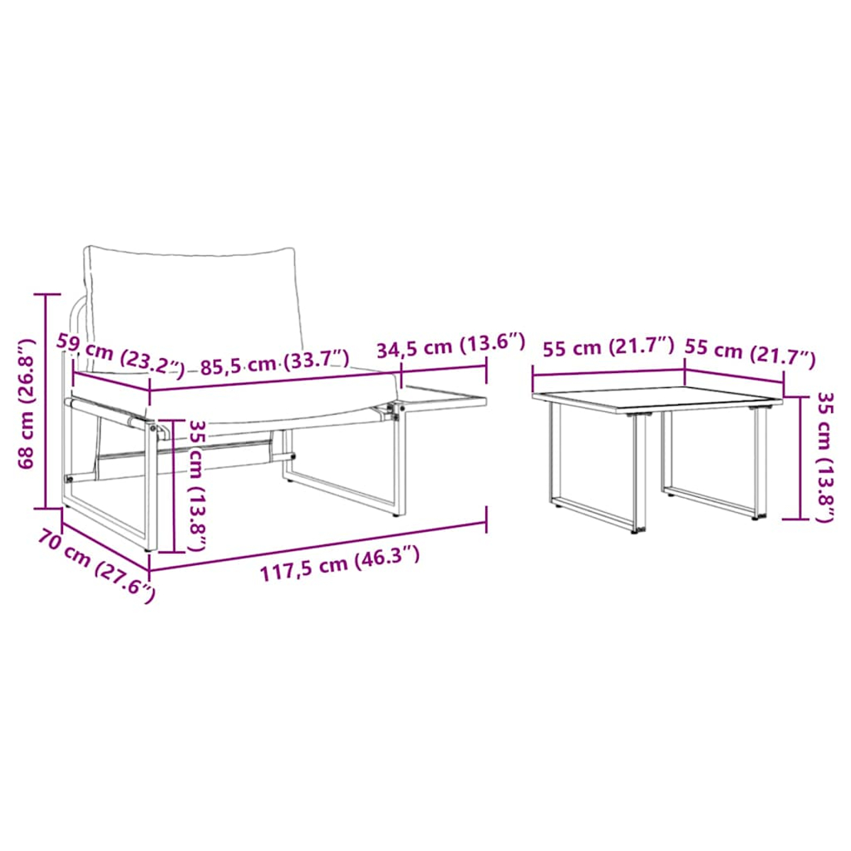 Loungeset mit cm-Abmessungen. Verfügt über eine Chaiselongue, einen kleinen Tisch und ein Kissen.