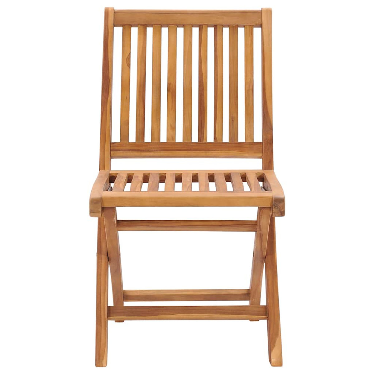 Klappstuhl aus Holz mit vertikalen Rückenleisten und einer Sitzfläche mit Latten. Es ist hellbraun.