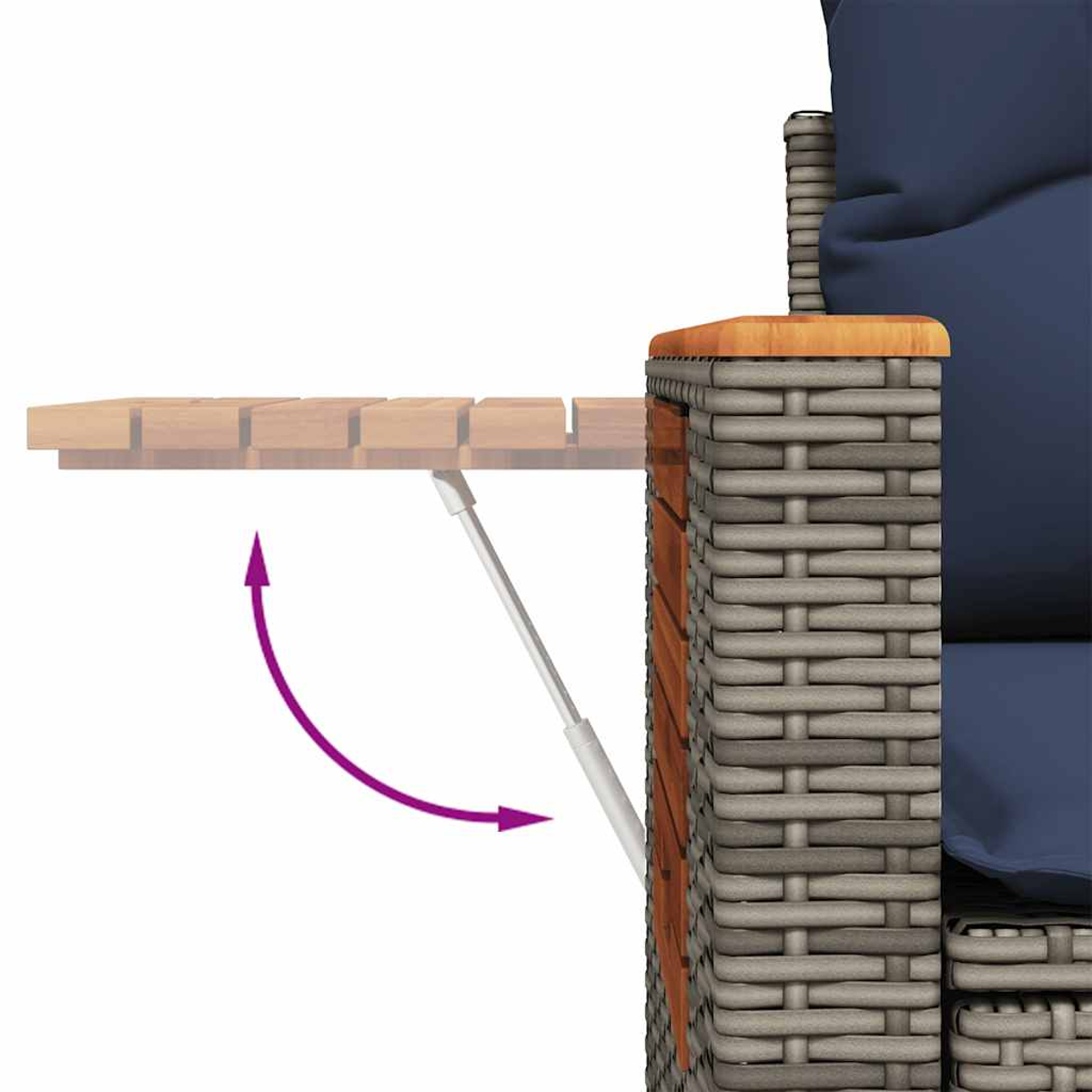 Ein Holzbeistelltisch an der Seite eines Sofas mit Hebemechanismus. Zeigt, wie man anhebt.