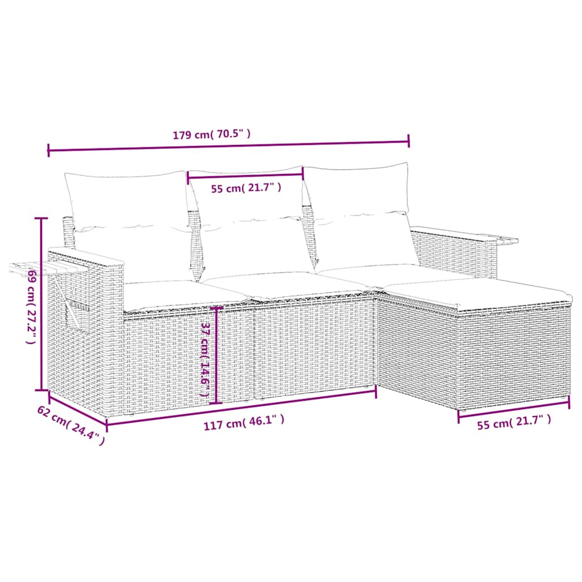 Strichzeichnung eines Outdoor-Sofas mit Maßen. Es hat Abmessungen in cm und Zoll.