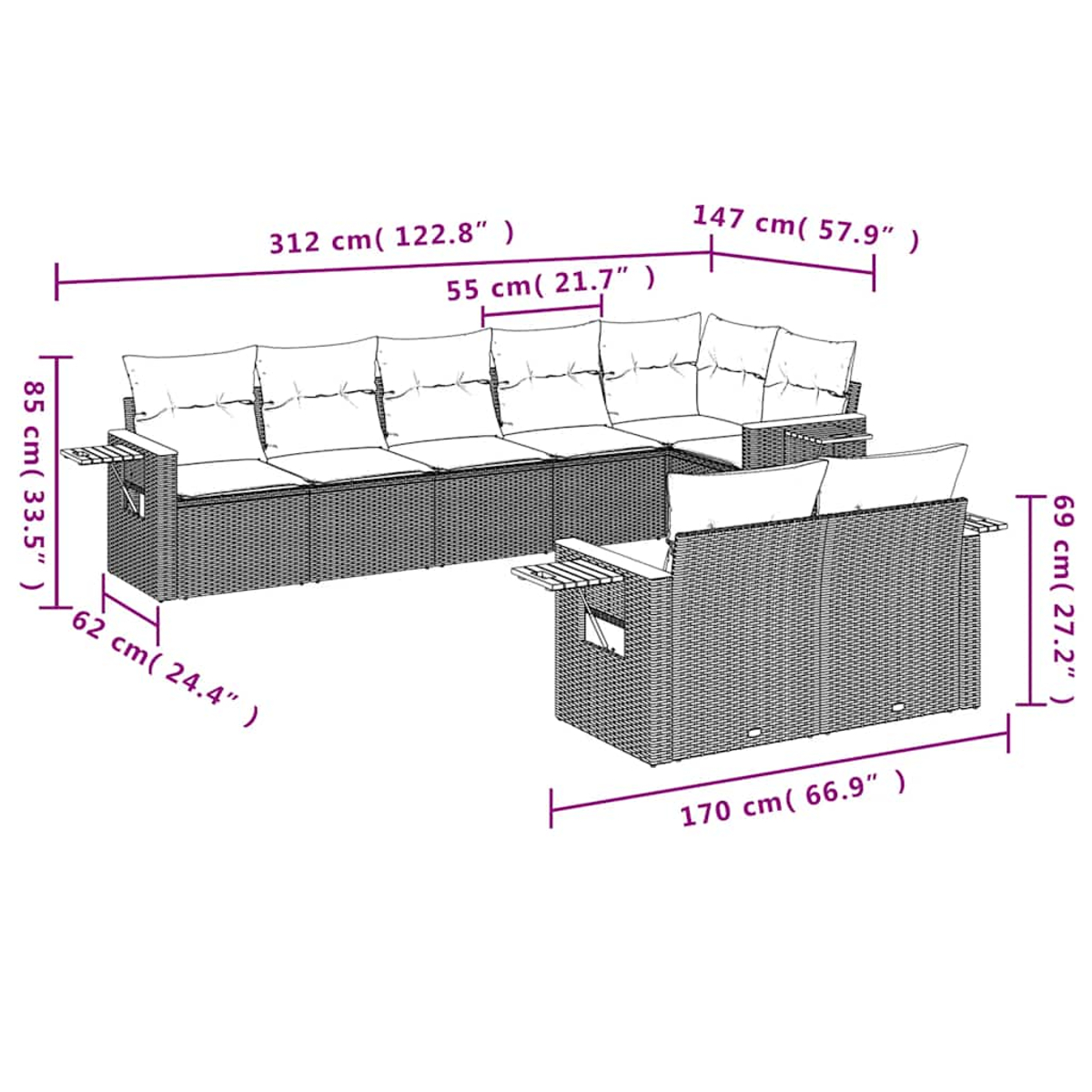 Strichzeichnung eines Outdoor-Sofas mit Maßen. Das Sofa hat mehrere Abschnitte und Abmessungen in cm und Zoll.