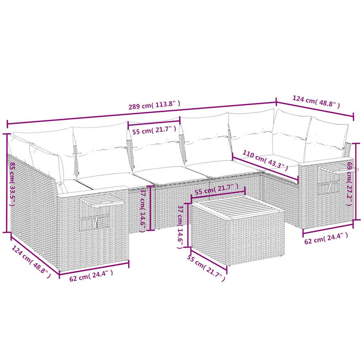 Diagramm eines Ecksofas mit Maßen. Zeigt Abmessungen in cm und Zoll.