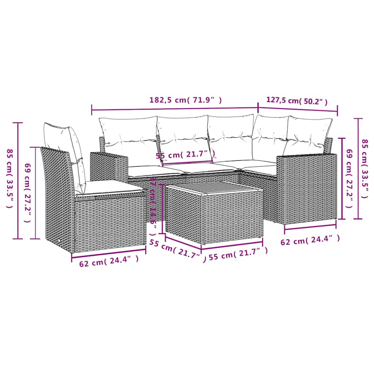 Geflochtenes Outdoor-Sofaset mit Abmessungen. Enthält einen 3-Sitzer, ein Ecksofa, einen Couchtisch und einen Einzelsitz.
