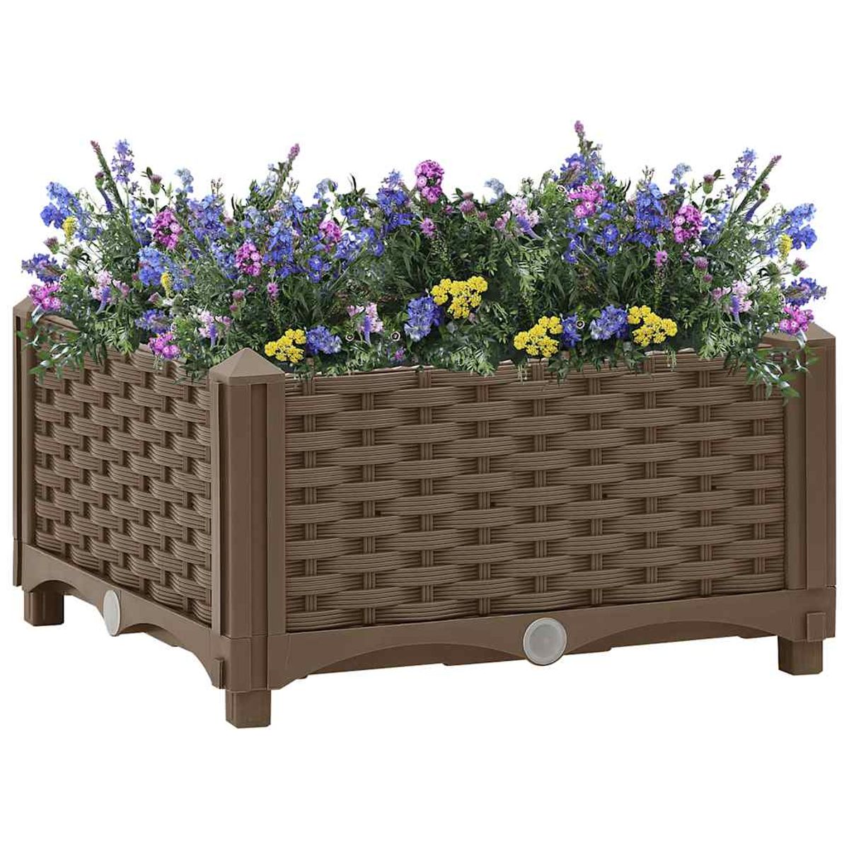 Brauner Weidenkorb-Pflanzkasten mit bunten Blumen und Webmuster.