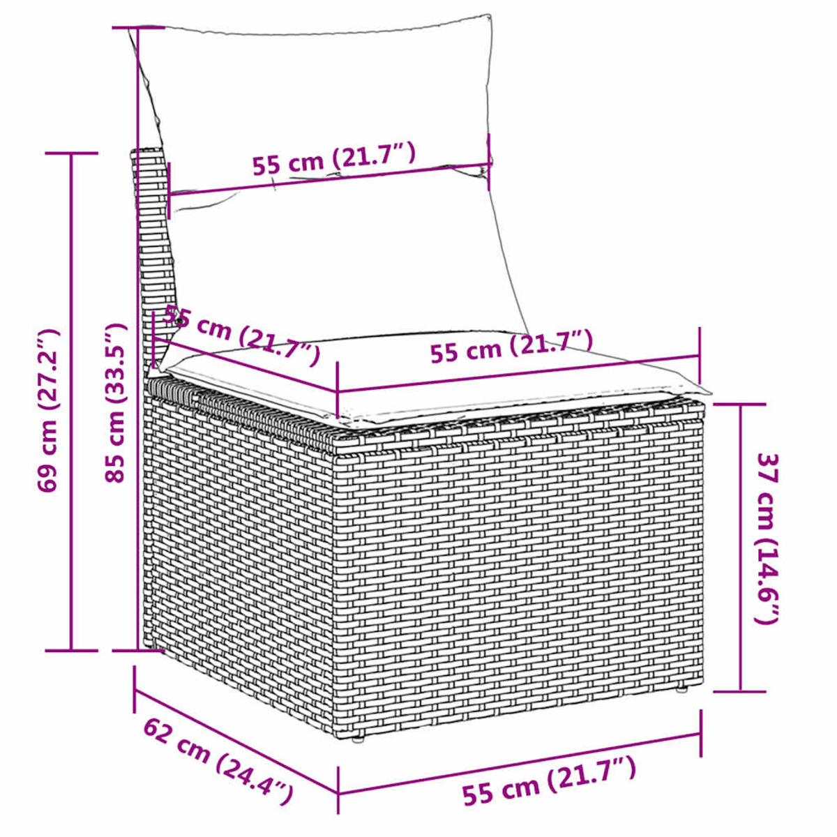 Einzelstuhl mit den Maßen: 69 cm hoch, 62 cm breit, 55 cm tief. Er hat ein Kissen.
