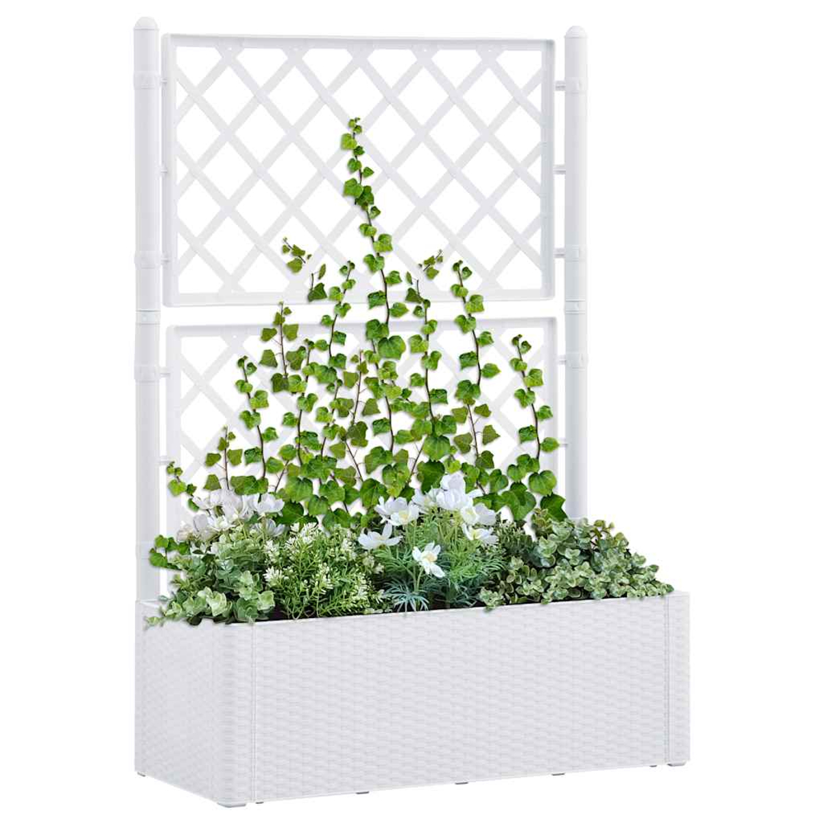Weißer gewebter Pflanzkasten mit Rankgitter und grünen Ranken. Die Pflanze ist mit Blumen gefüllt.