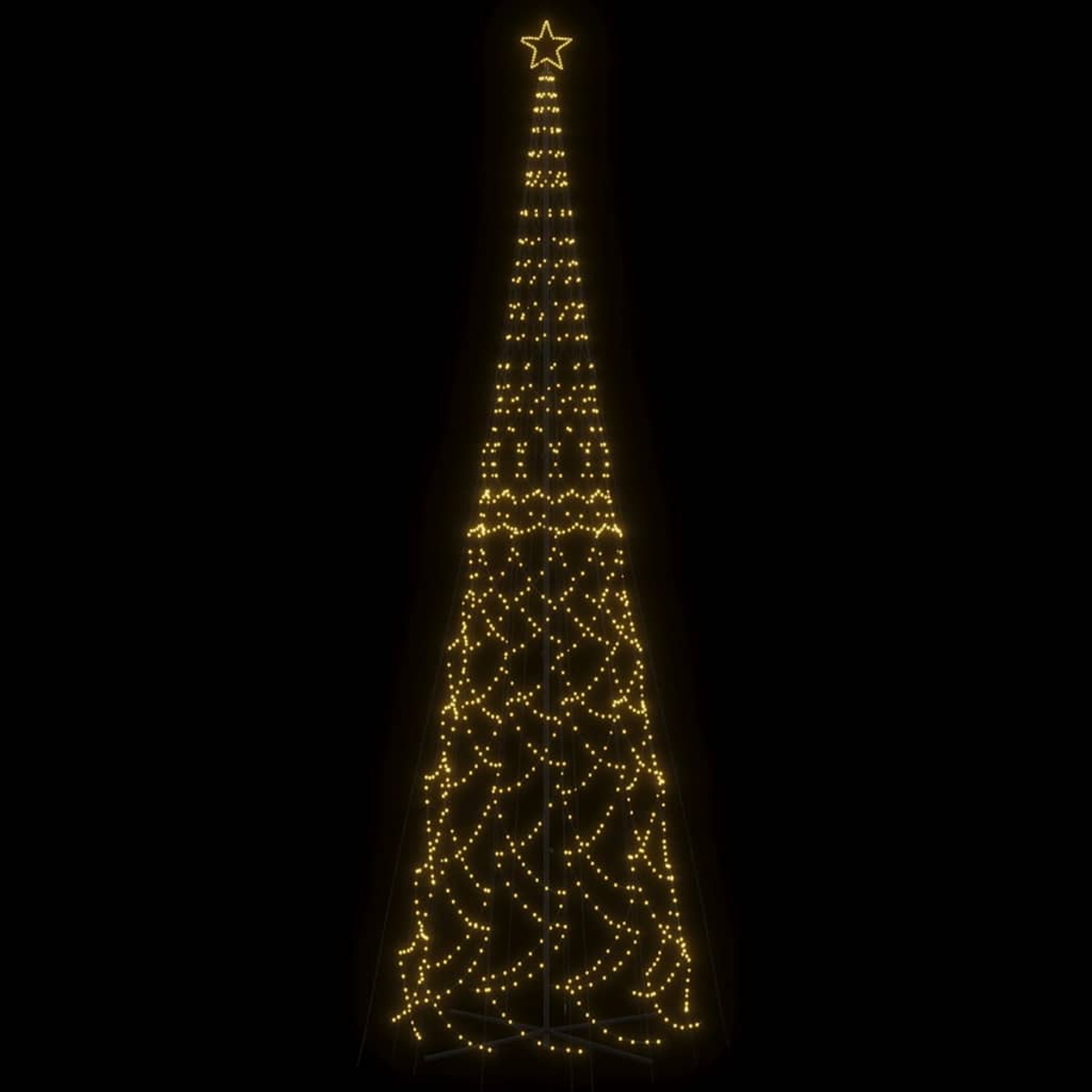 Weihnachtsbaumstruktur mit gelben Lichtern, Stern oben, dunkler Hintergrund.